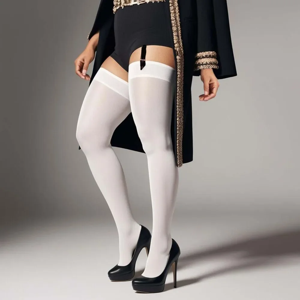 Plus Opaque Stockings Womens Queen Black or White Plain Top Thigh High Hosiery
